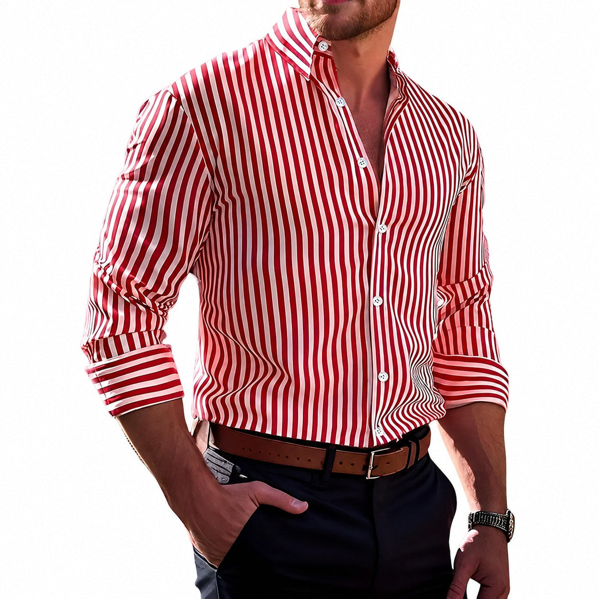 Brycen - Camisa listrada de manga longa estilosa para homens