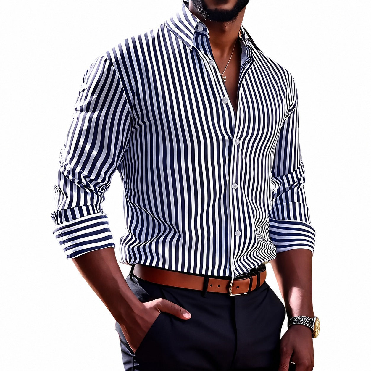Brycen - Camisa listrada de manga longa estilosa para homens