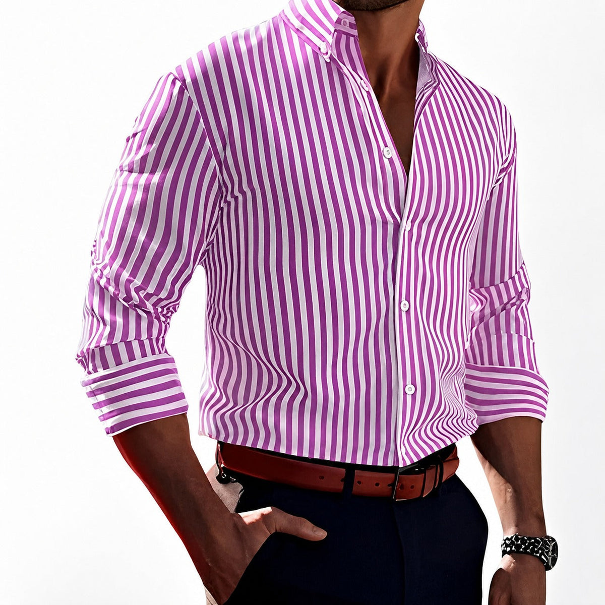 Brycen - Camisa listrada de manga longa estilosa para homens
