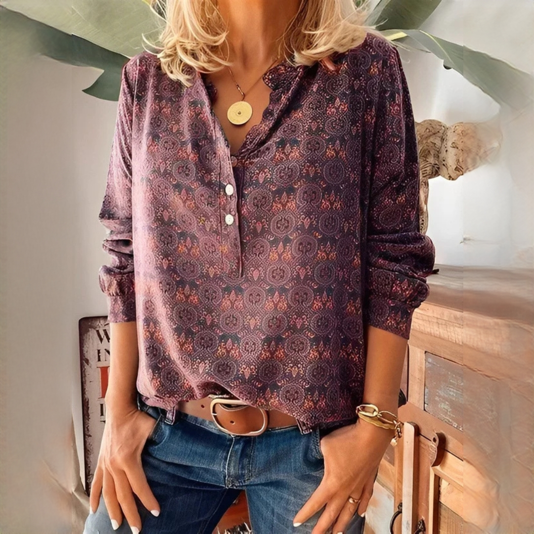 Bethany - Blusa estampada clássica de mangas compridas