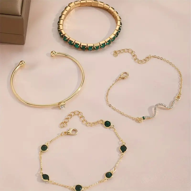 Camille – Conjunto de braceletes elegantes com pedras verdes