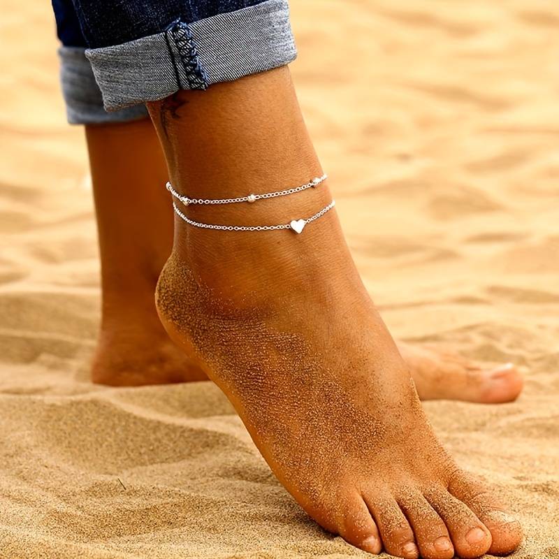 Mini bracelete de tornozelo em forma de coração - Bracelete de amor a dupla camada