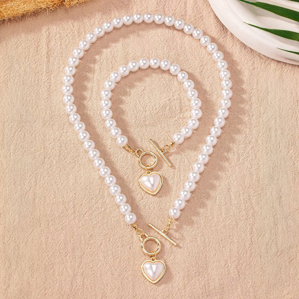 Lara – Conjunto de colar e bracelete Coração Perolado