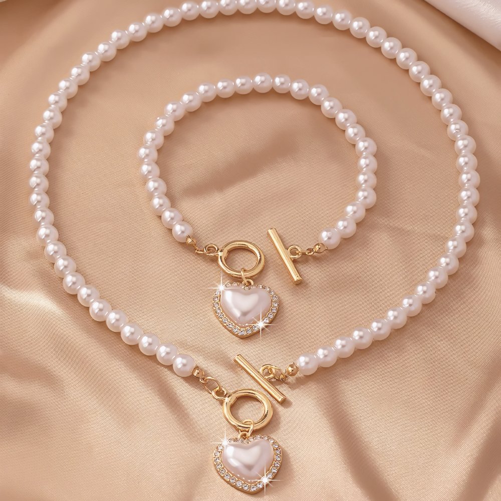 Lara – Conjunto de colar e bracelete Coração Perolado