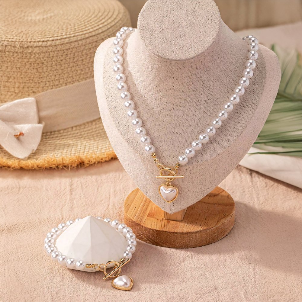 Lara – Conjunto de colar e bracelete Coração Perolado