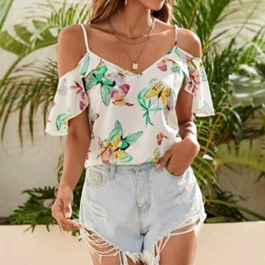 Blusa Tropical Ombro Vazado
