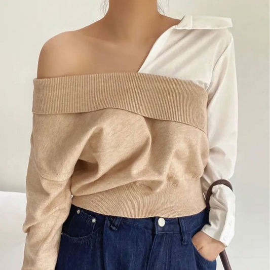 Blusa Assimétrica Ombro a Ombro com Contraste