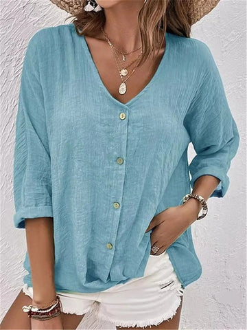 Fayo - Blusa fácil com gola em V e botões