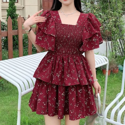 Vestido Floral Vinho com Babados