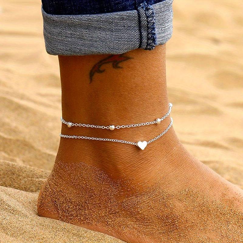 Mini bracelete de tornozelo em forma de coração - Bracelete de amor a dupla camada
