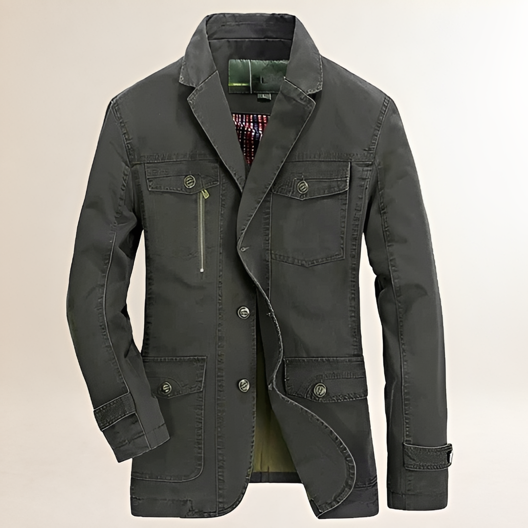 Blazer casual masculino com múltiplos bolsos e fechamento de botão - corte regular
