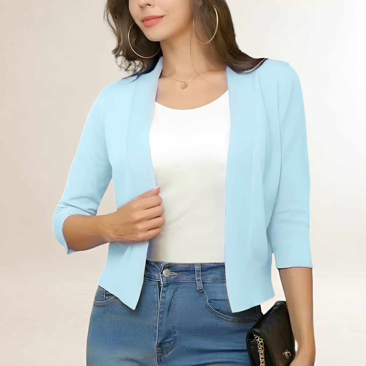 Blazer corto feminino com abertura frontal aberta e manga 3/4