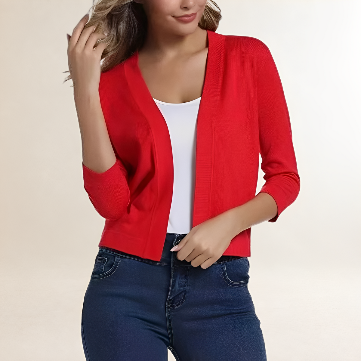 Blazer corto feminino com abertura frontal aberta e manga 3/4