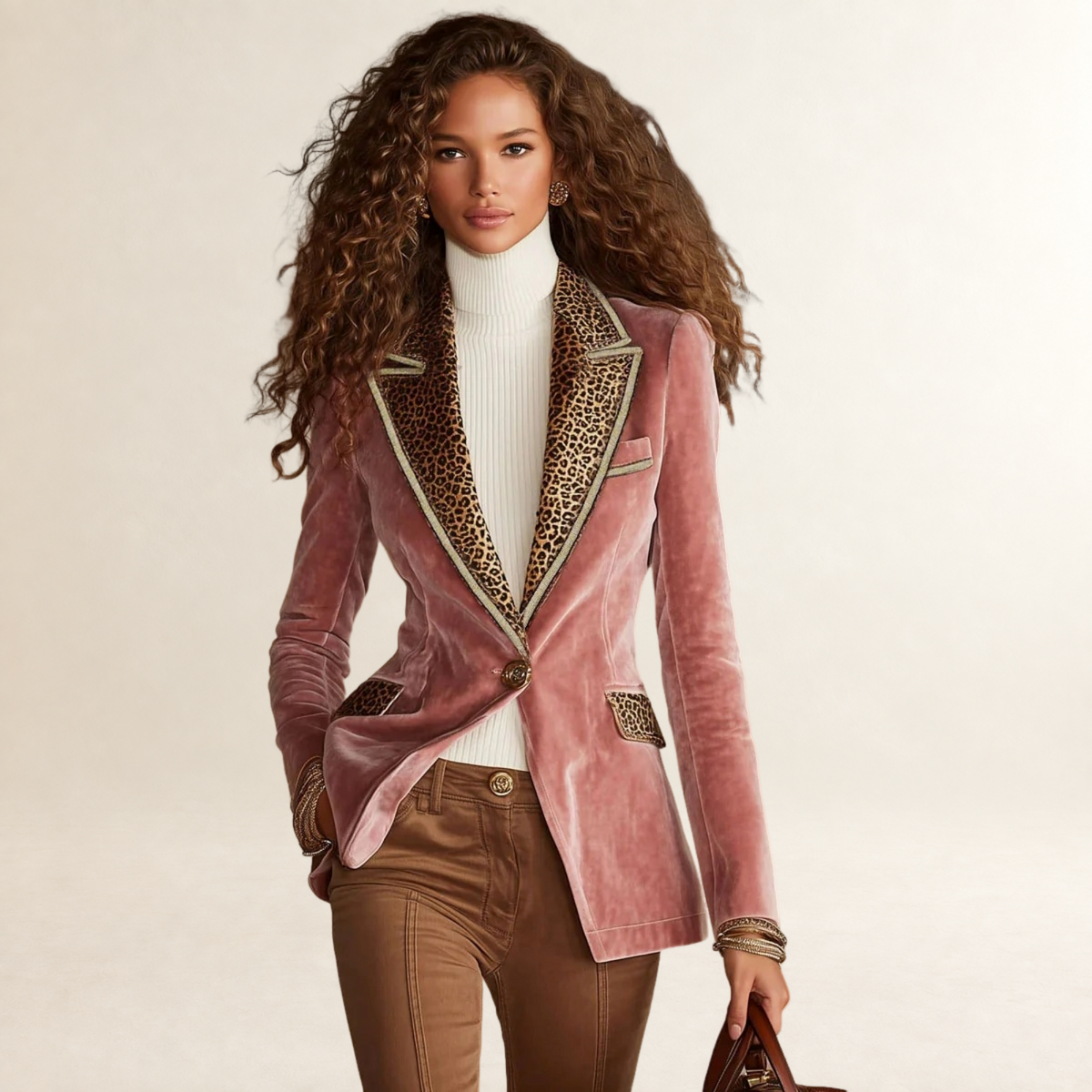 Blazer feminino ajustado com estampa de leopardo e um botão