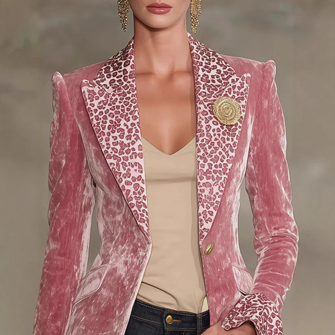 Blazer feminino com estampa de leopardo lapelas contrastantes punhos com babados corte reto