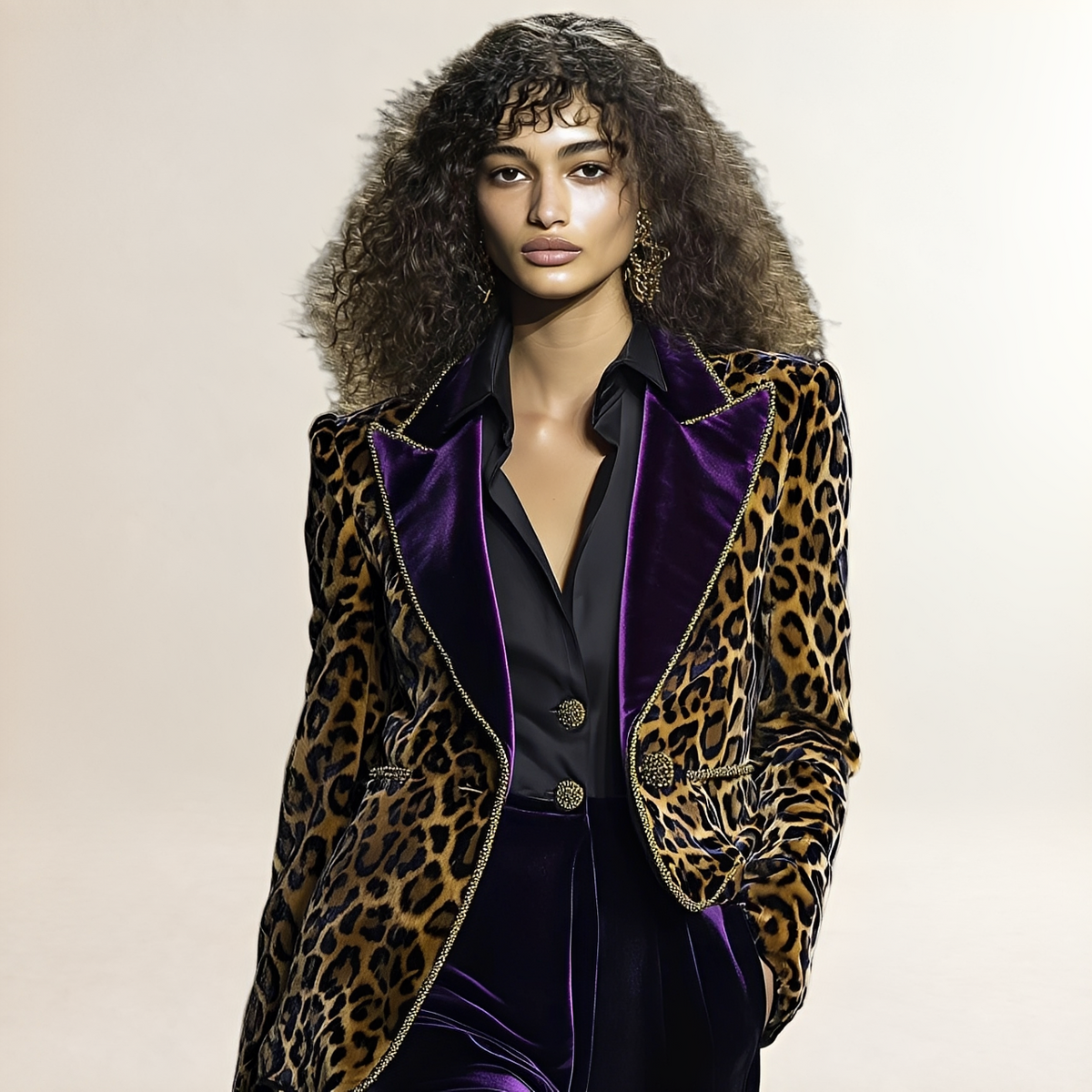 Blazer feminino de alfaiataria com estampa de leopardo e lapela contrastante