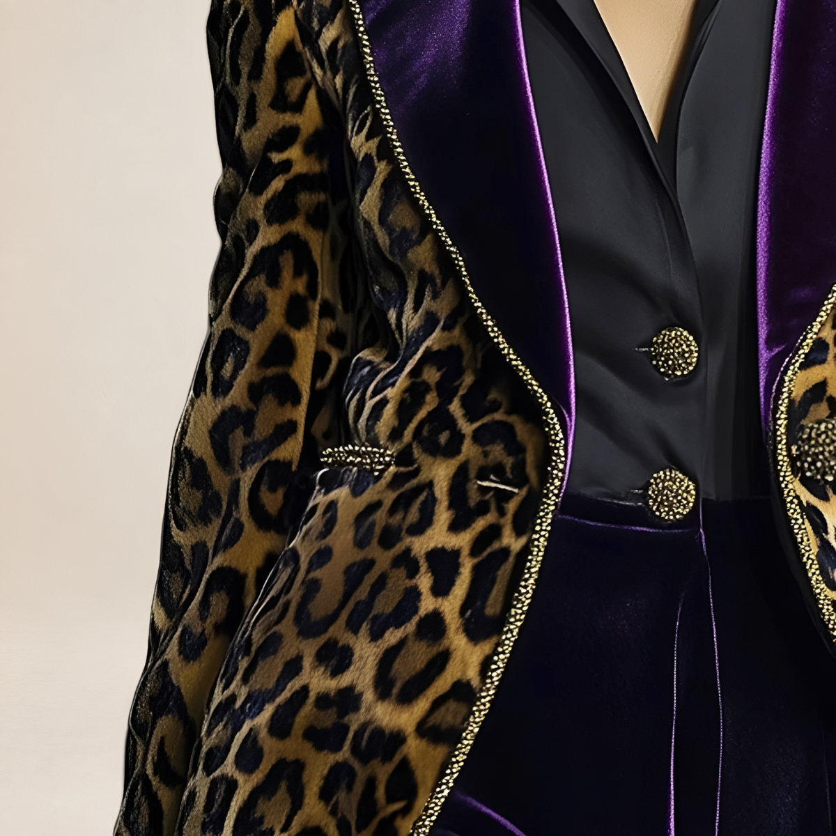 Blazer feminino de alfaiataria com estampa de leopardo e lapela contrastante