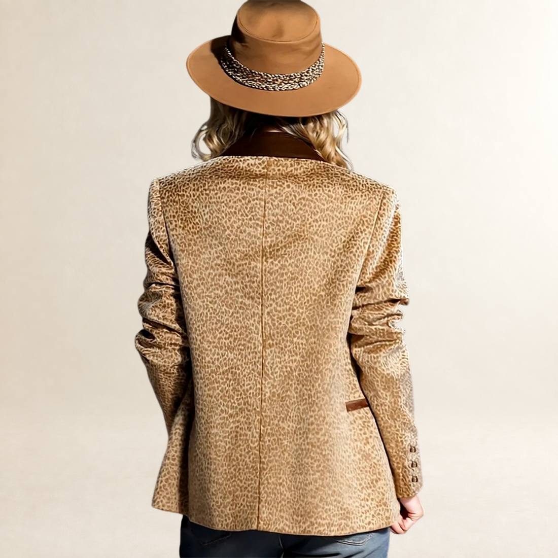 Blazer feminino de corte reto com estampa de leopardo e lapela de cor contrastante