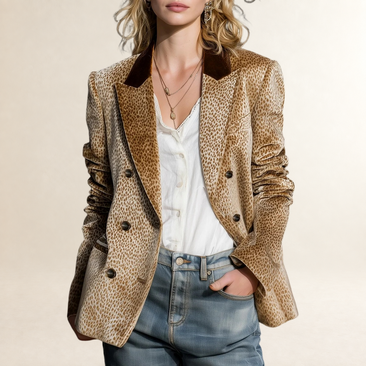 Blazer feminino de corte reto com estampa de leopardo e lapela de cor contrastante