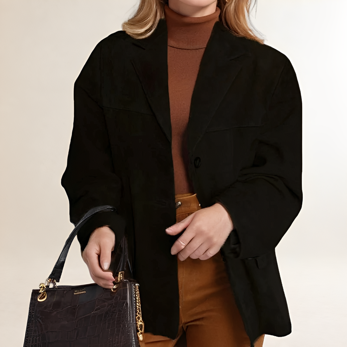 Blazer feminino oversized com fechamento de botões e silhueta estruturada