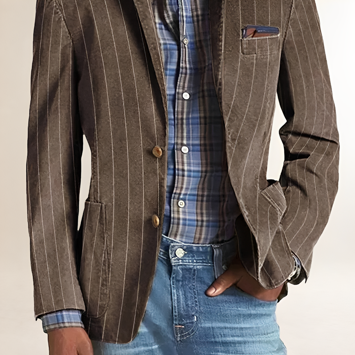 Blazer masculino com lapela de notched, patches nos cotovelos e corte regular