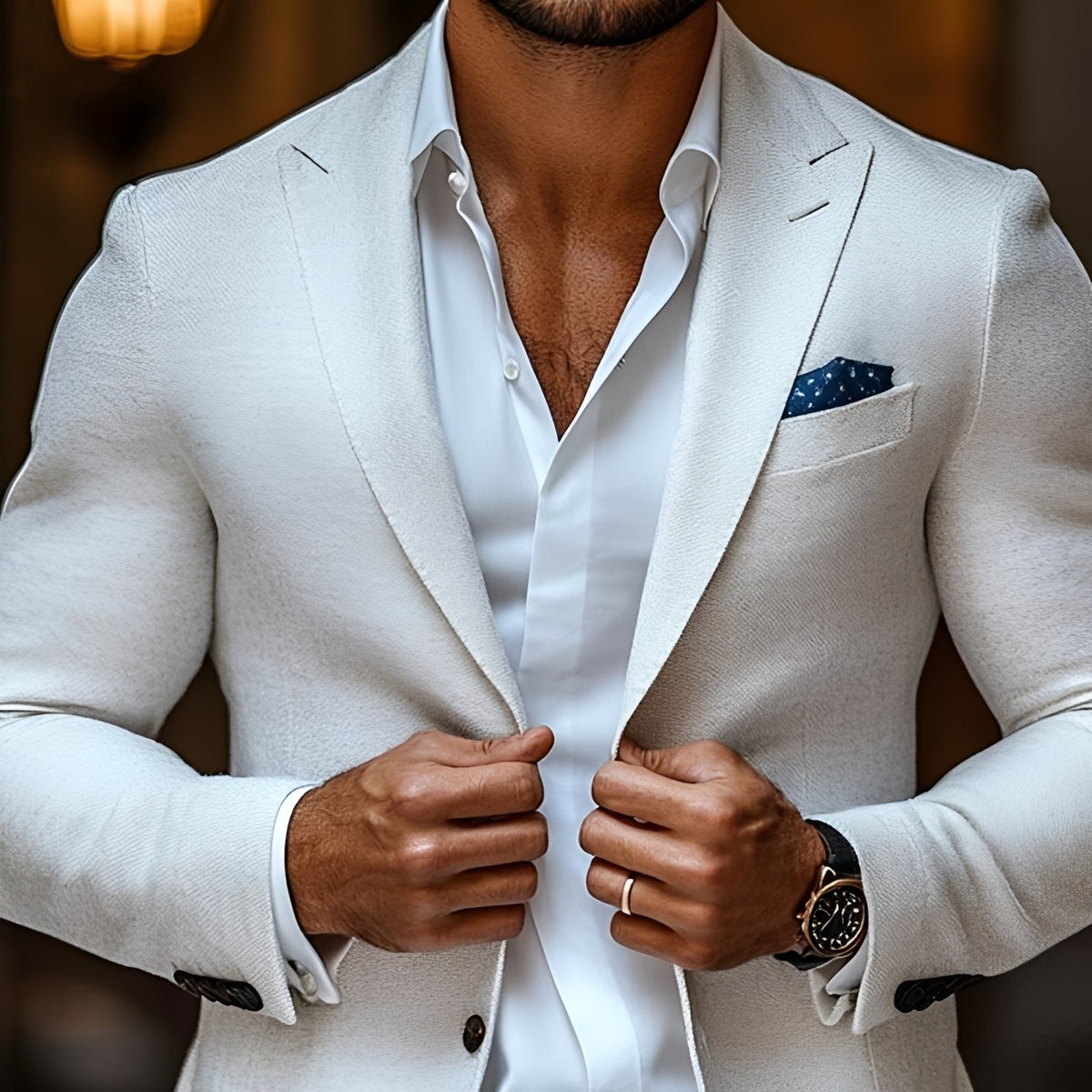 Blazer masculino com lapela de pico e fechamento de dois botões - corte reto