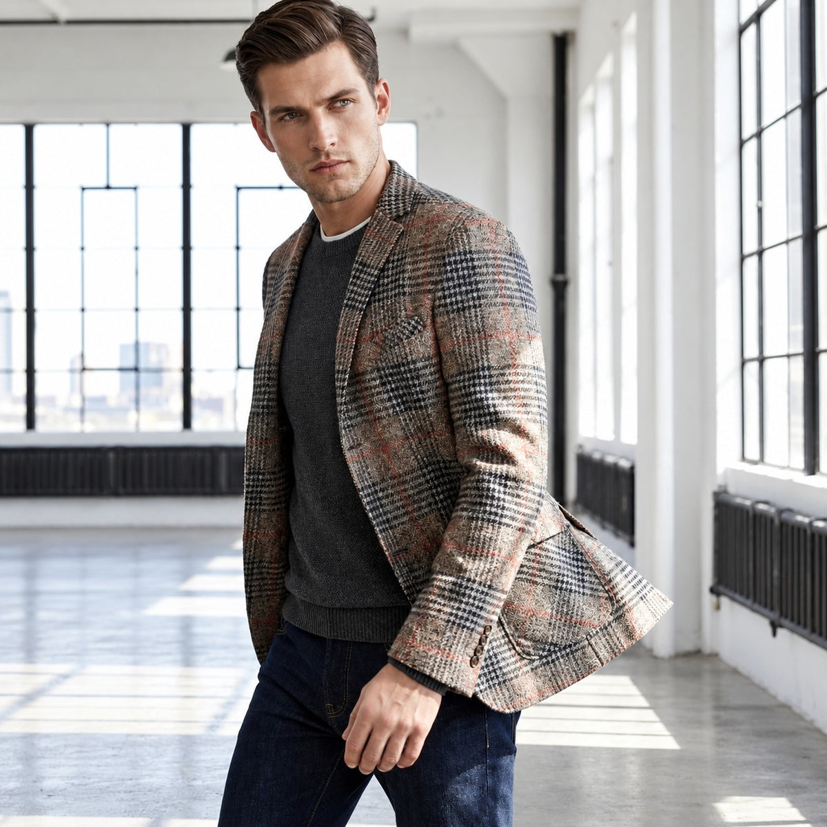 Blazer masculino com padrão Glen plaid, ombros suaves e bolsos de patch