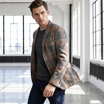 Blazer masculino com padrão Glen plaid, ombros suaves e bolsos de patch
