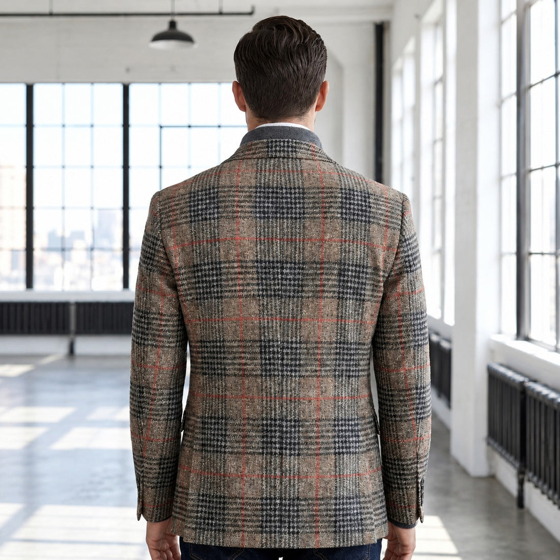Blazer masculino com padrão Glen plaid, ombros suaves e bolsos de patch