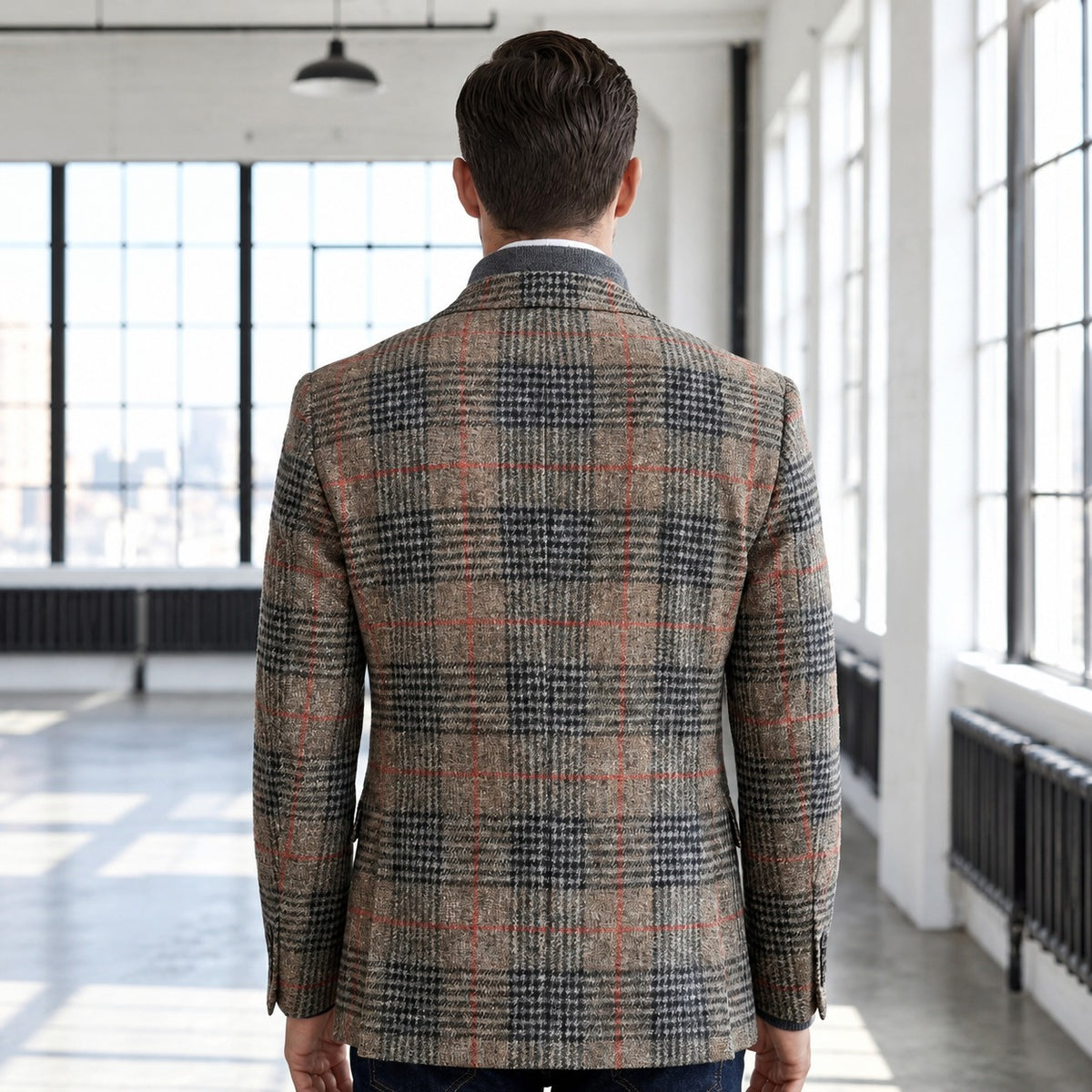 Blazer masculino com padrão Glen plaid, ombros suaves e bolsos de patch