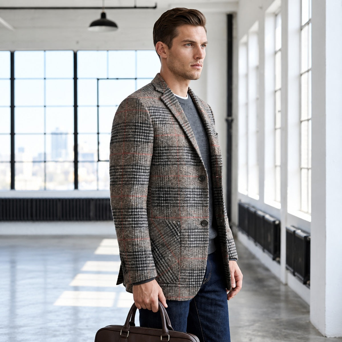 Blazer masculino com padrão Glen plaid, ombros suaves e bolsos de patch