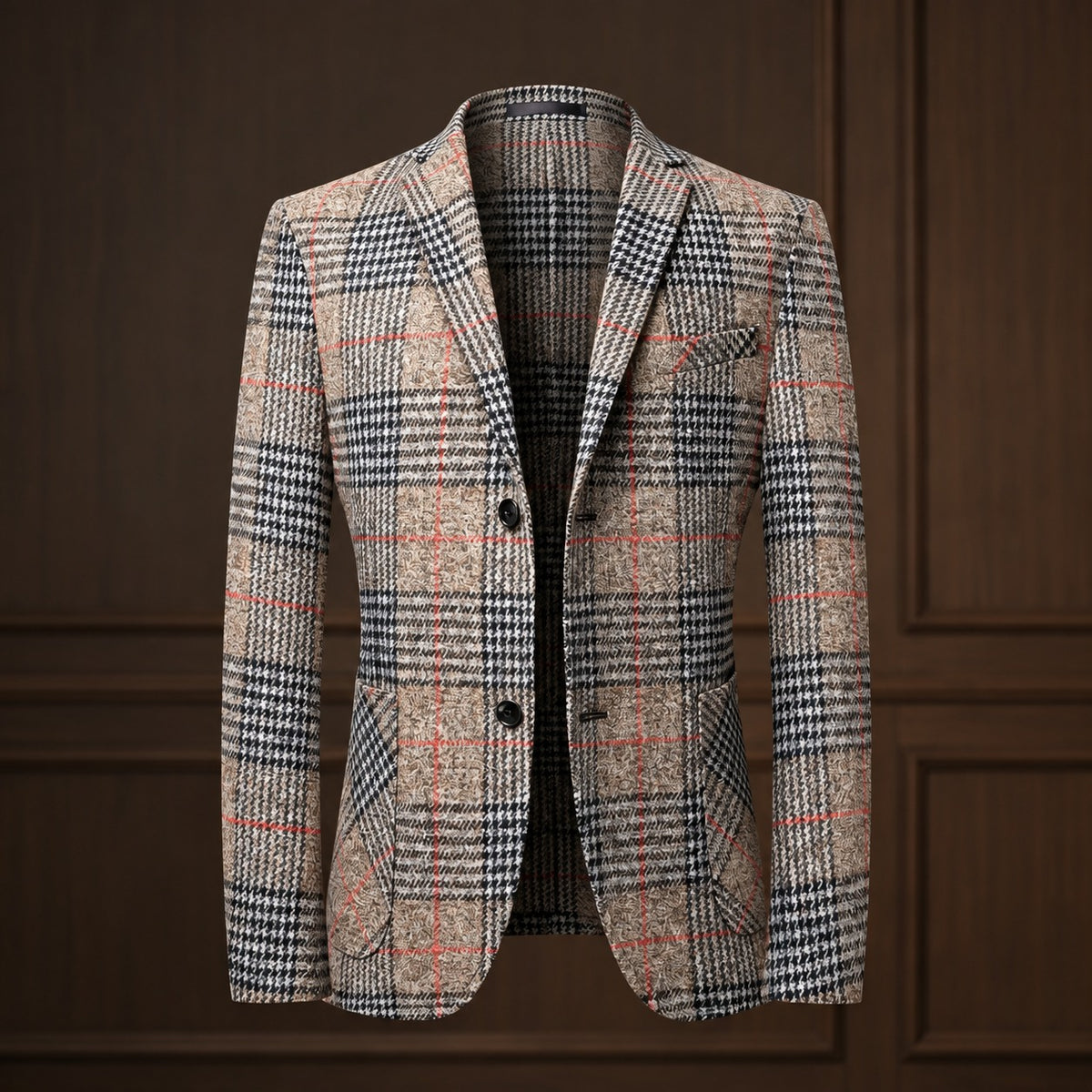 Blazer masculino com padrão Glen plaid, ombros suaves e bolsos de patch