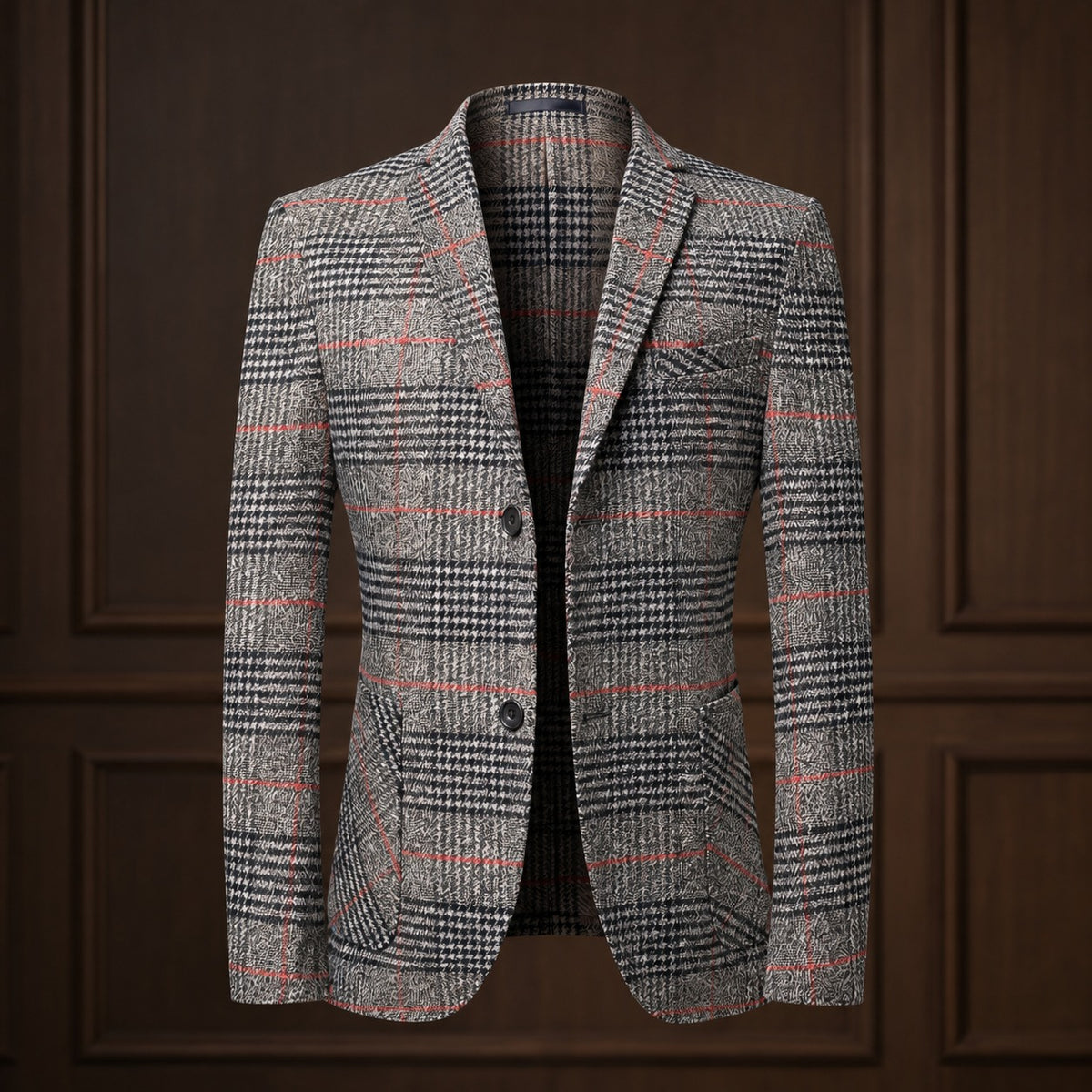Blazer masculino com padrão Glen plaid, ombros suaves e bolsos de patch