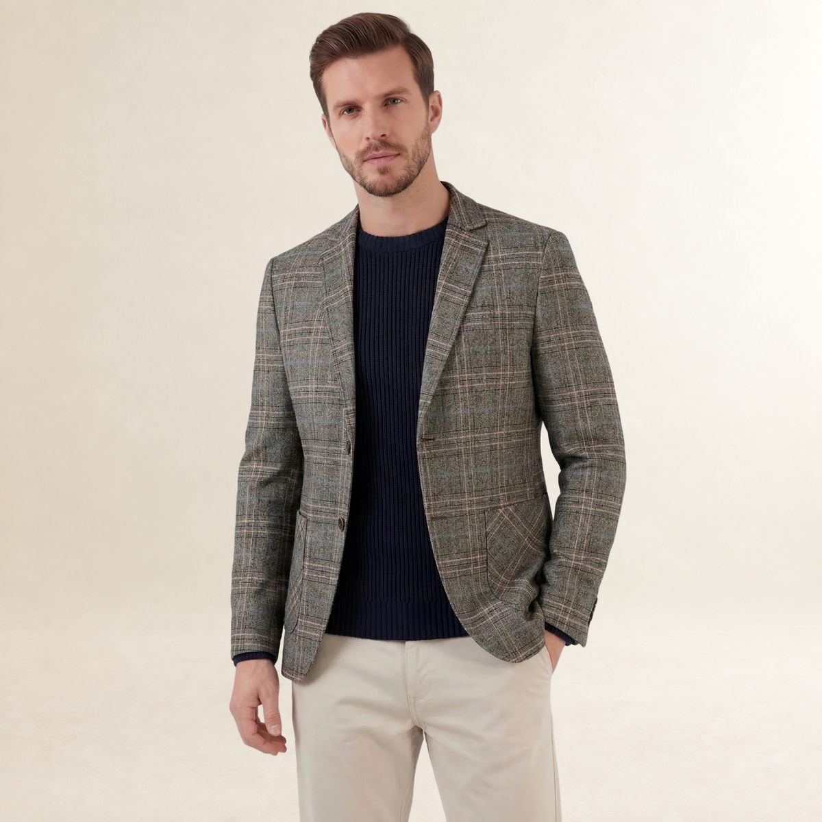 Blazer masculino de corte ajustado com estampa xadrez e dois botões