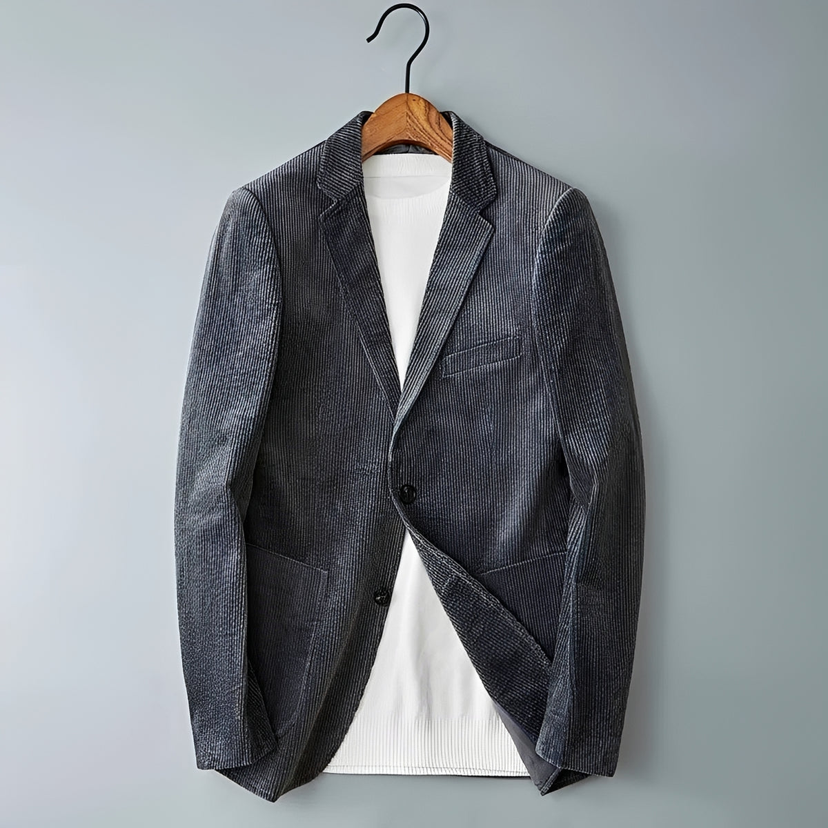 Blazer masculino de corte ajustado, duplo abotoamento e lapelas notch
