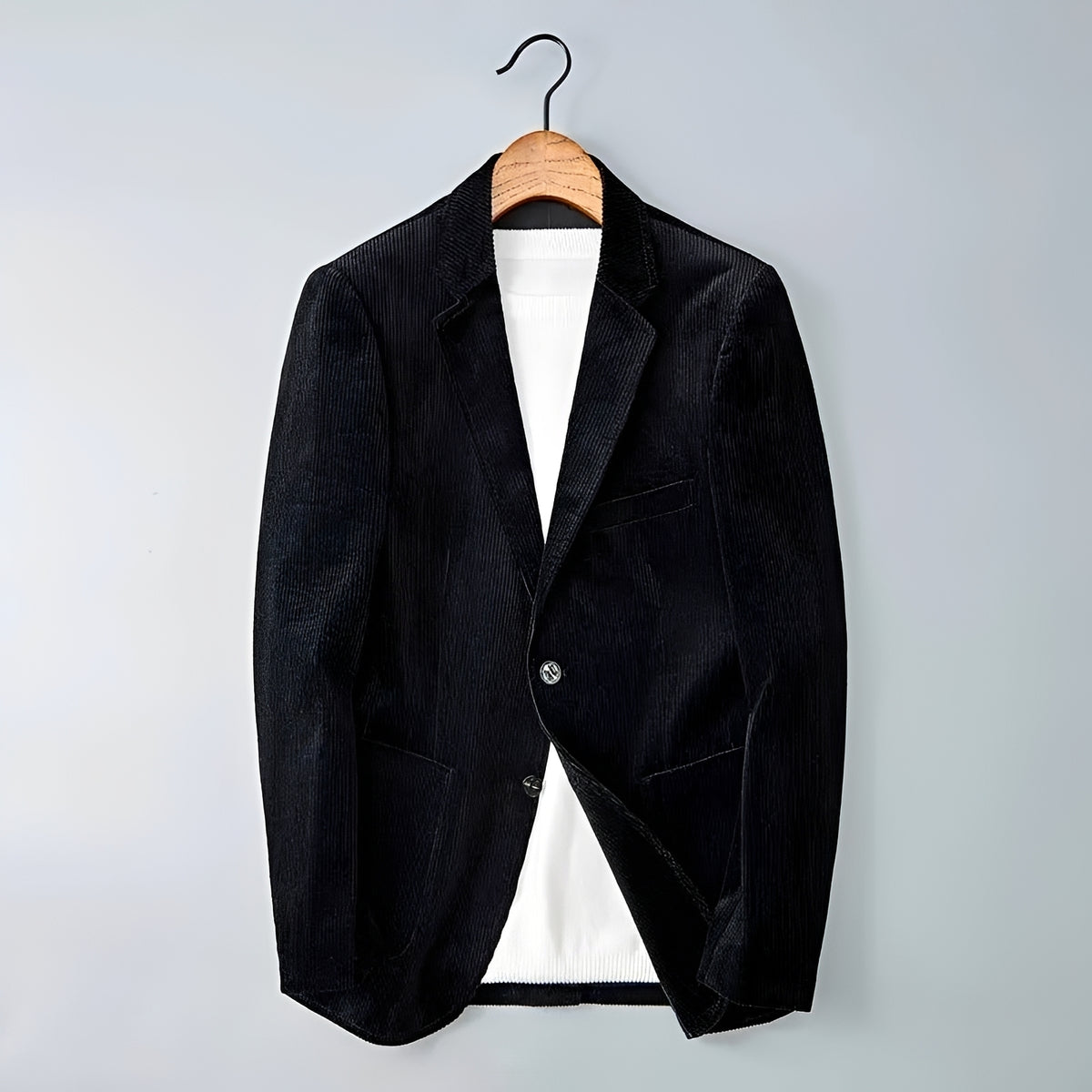 Blazer masculino de corte ajustado, duplo abotoamento e lapelas notch