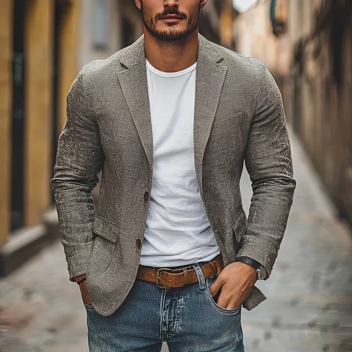 Blazer masculino slim fit com lapela, fechamento de dois botões e estilo casual