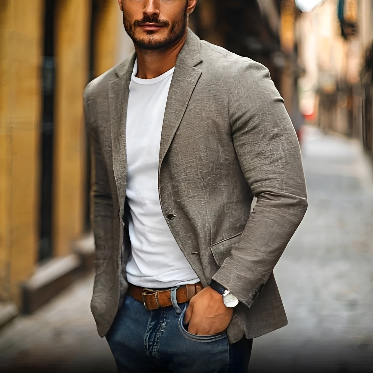 Blazer masculino slim fit com lapela, fechamento de dois botões e estilo casual