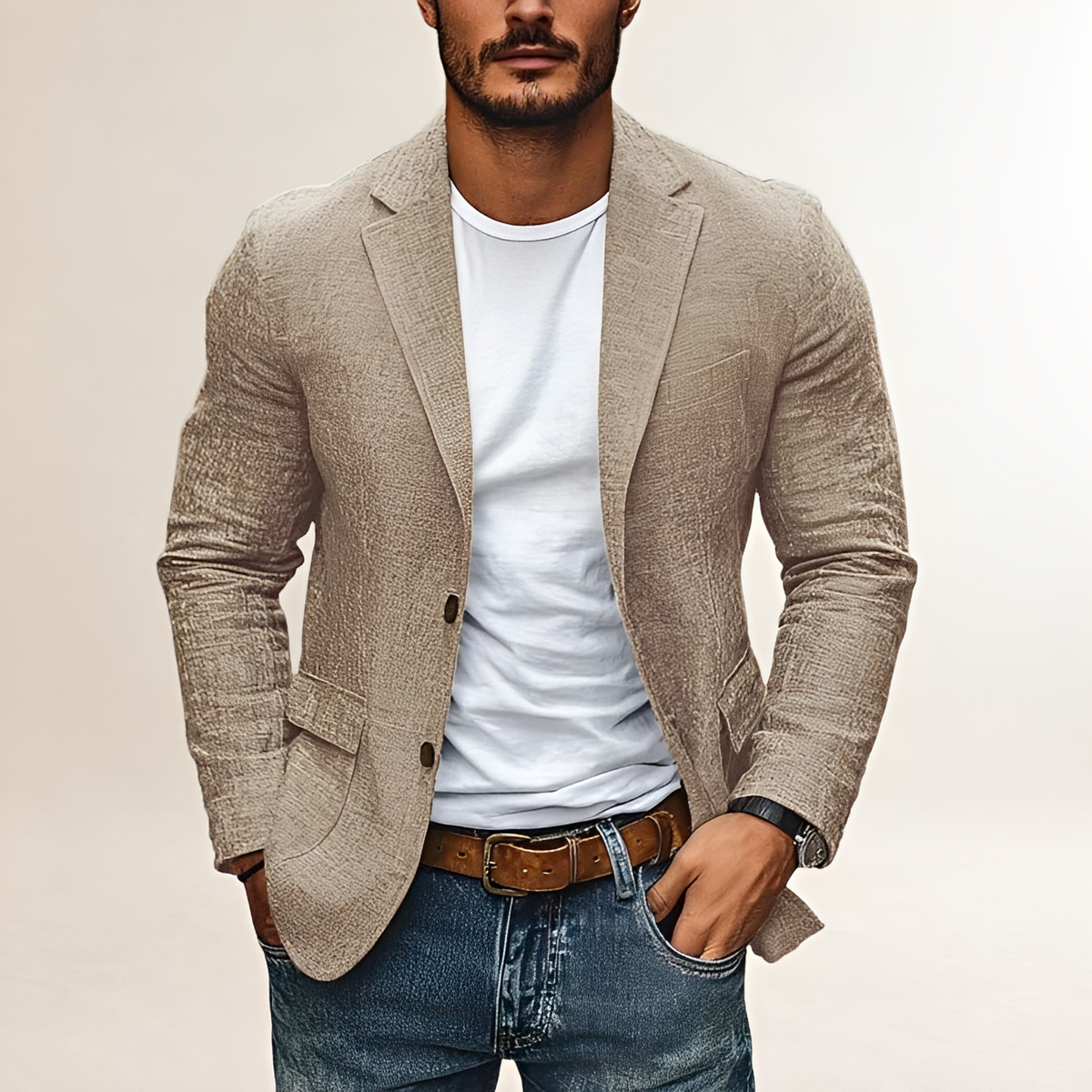 Blazer masculino slim fit com lapela, fechamento de dois botões e estilo casual