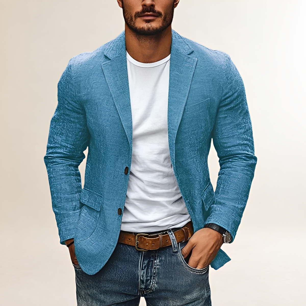 Blazer masculino slim fit com lapela, fechamento de dois botões e estilo casual