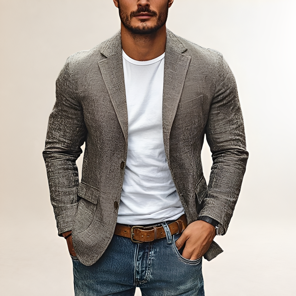 Blazer masculino slim fit com lapela, fechamento de dois botões e estilo casual