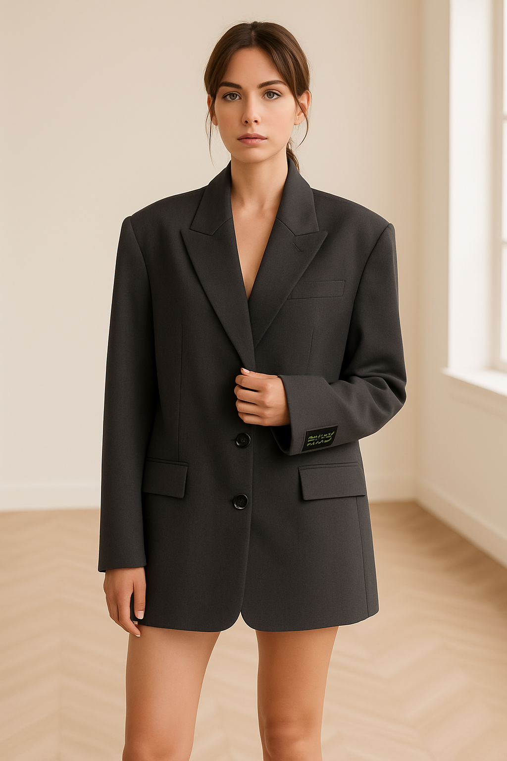 Blazer oversized feminino com fechamento de botão e lapela de notched