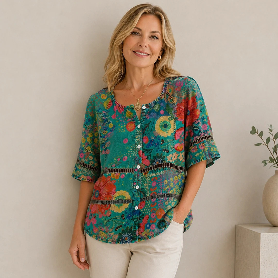 Blusa boho floral para mulheres - gola redonda com renda, mangas 3/4, caimento tunic relaxado