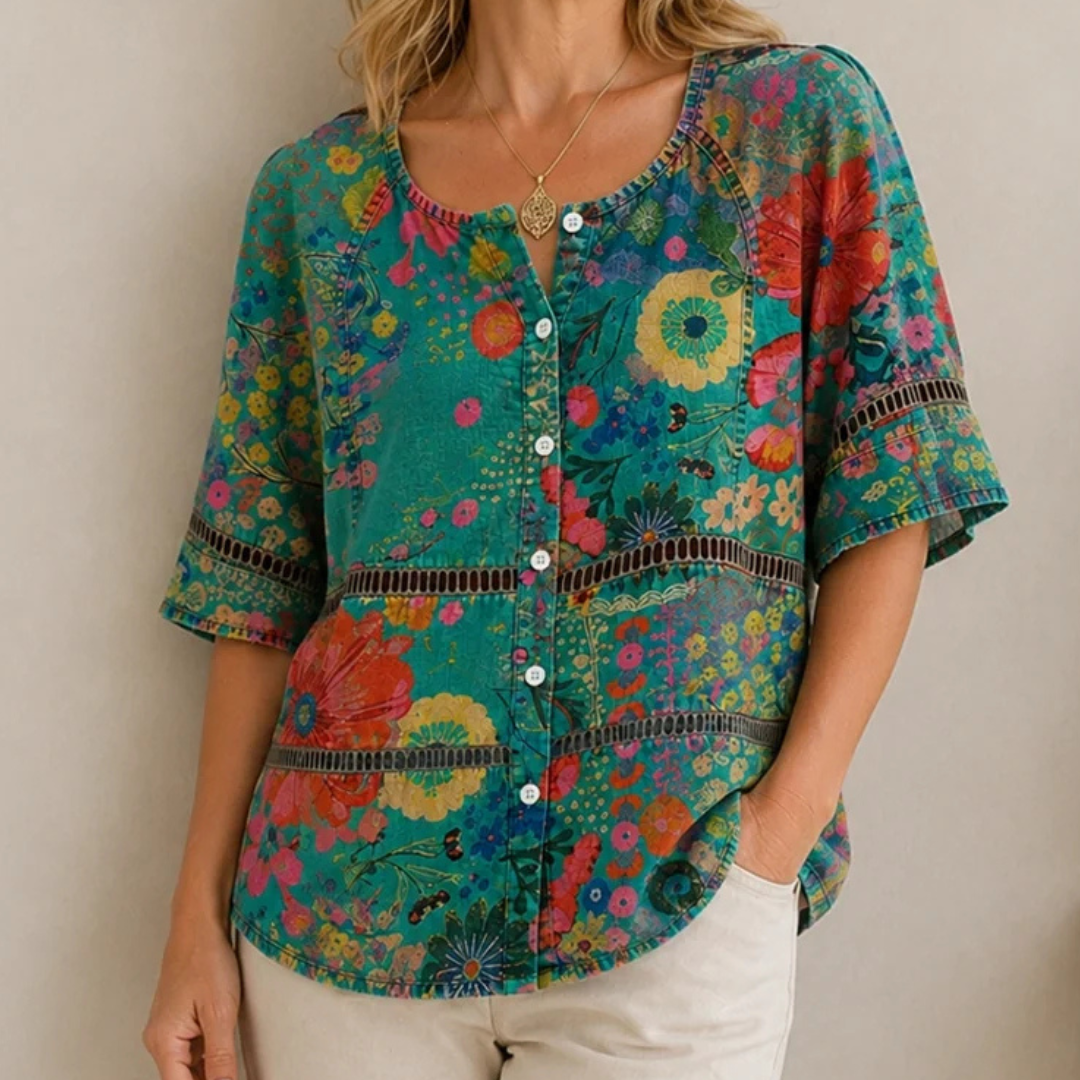 Blusa boho floral para mulheres - gola redonda com renda, mangas 3/4, caimento tunic relaxado