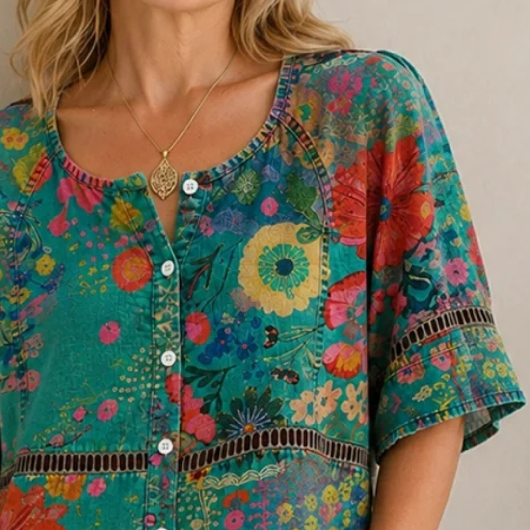 Blusa boho floral para mulheres - gola redonda com renda, mangas 3/4, caimento tunic relaxado