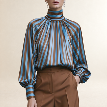Blusa de manga longa feminina com gola alta pregueada e mangas bufantes