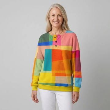 Blusa estilo Henley para mulheres com estampa geométrica em blocos, mangas longas, caimento tunic relaxado