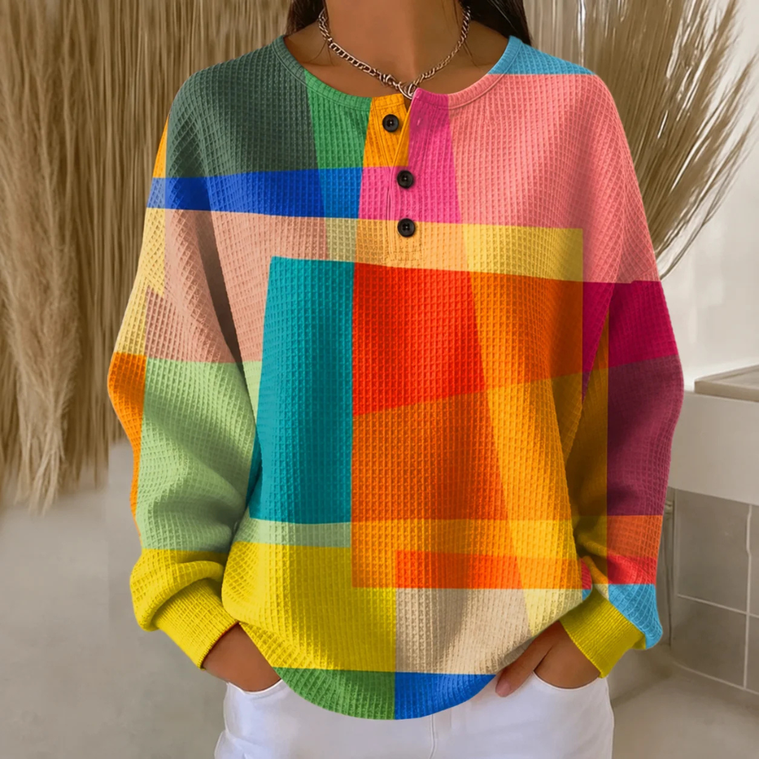 Blusa estilo Henley para mulheres com estampa geométrica em blocos, mangas longas, caimento tunic relaxado