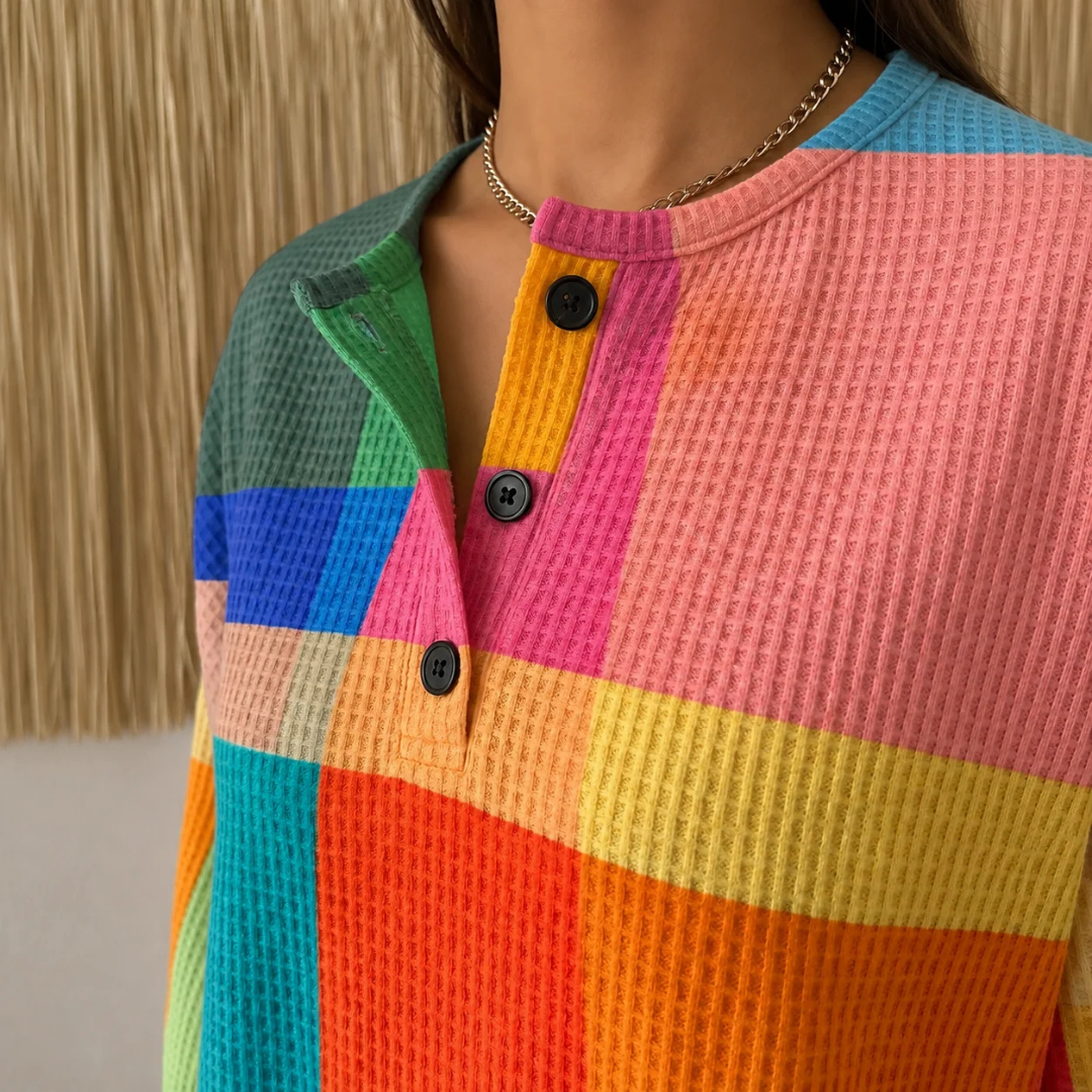 Blusa estilo Henley para mulheres com estampa geométrica em blocos, mangas longas, caimento tunic relaxado