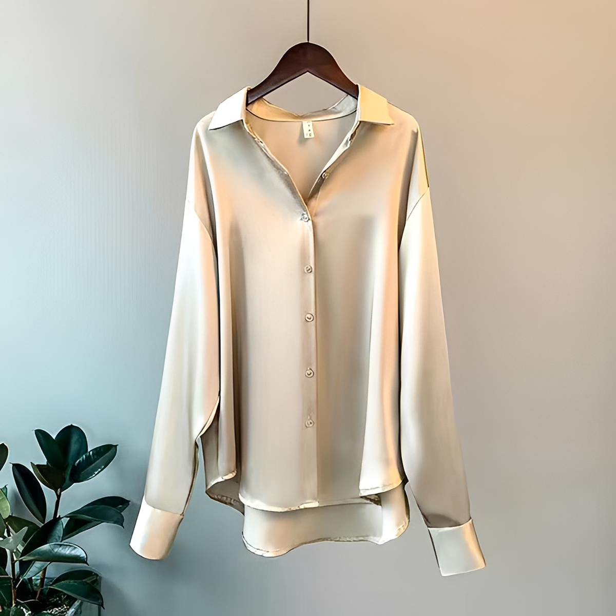 Blusa feminina com colar clássico, manga longa, fechamento de botões e caimento relaxado